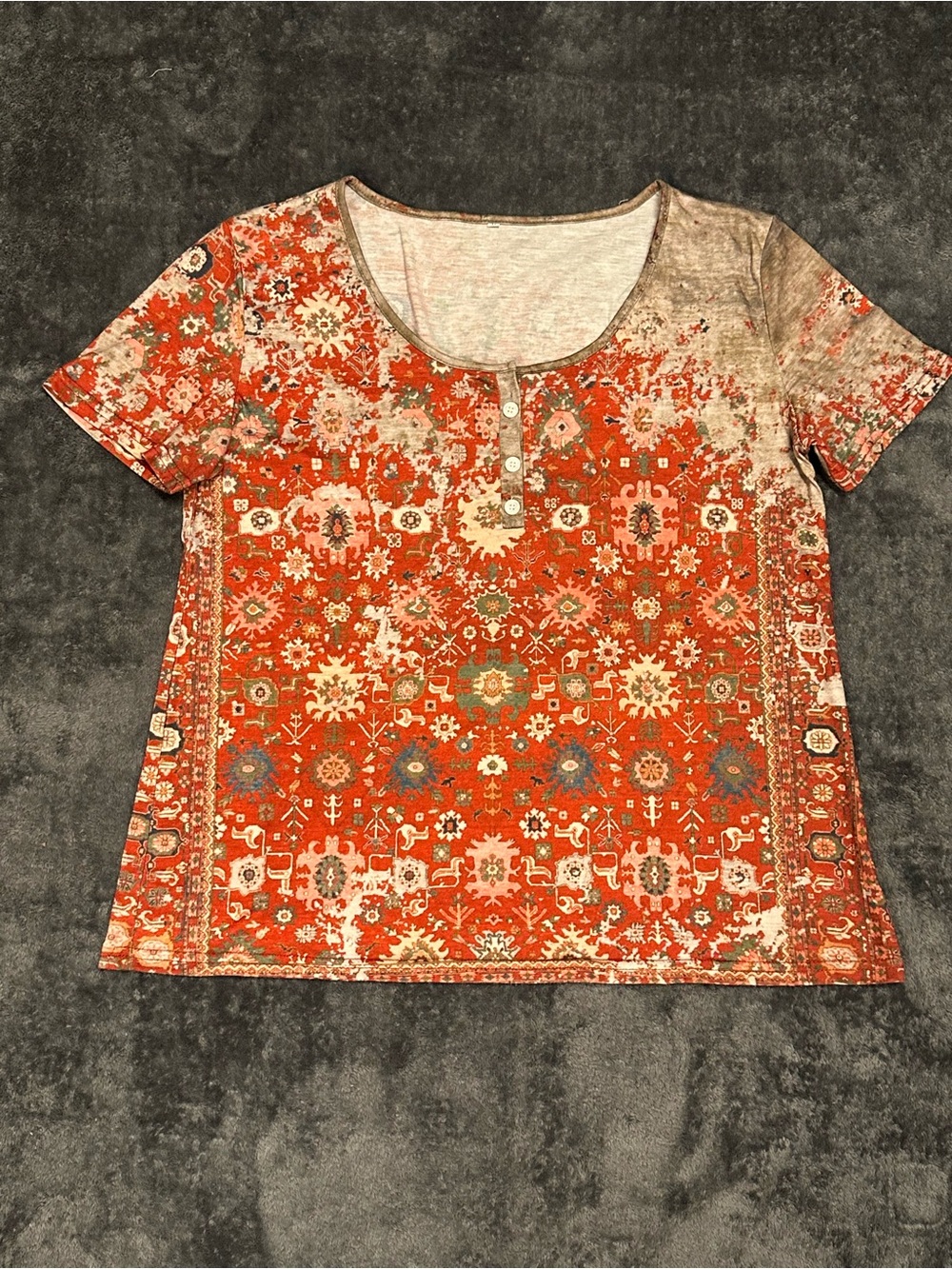 Women's Short Sleeve Henley Top - Rust Floral Print